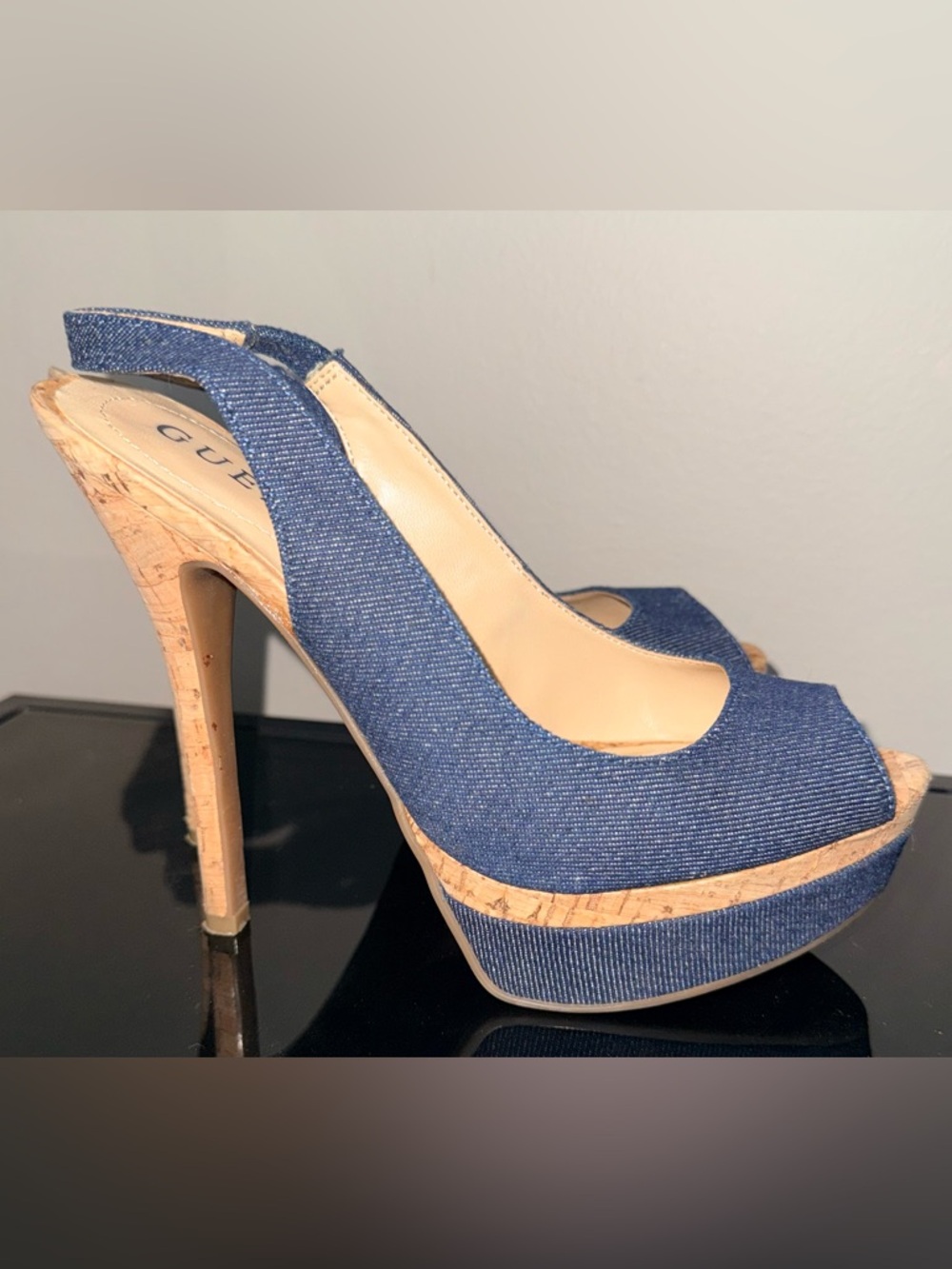 Guess Blue Denim Cork Platform Peep-Toe Slingback Heels size 6